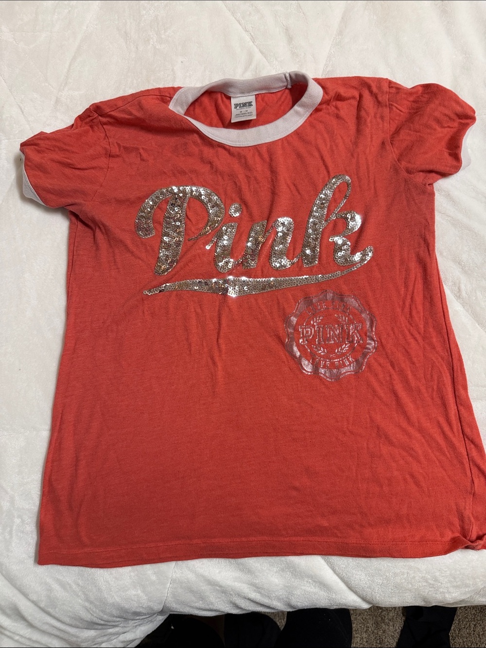 PINK Victoria's Secret Coral Ringer Tee with Silver Sequin Logo